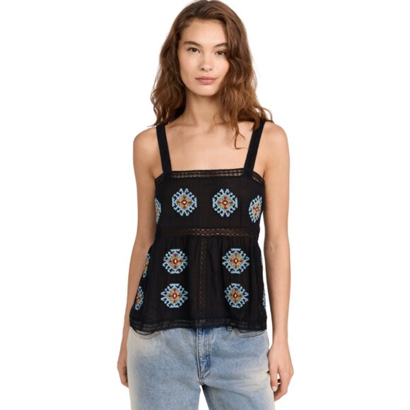 The GREAT Roam Tank Top Blouse Womens 0 Black Blue Folklore Embroidered Cotton - Picture 1 of 11